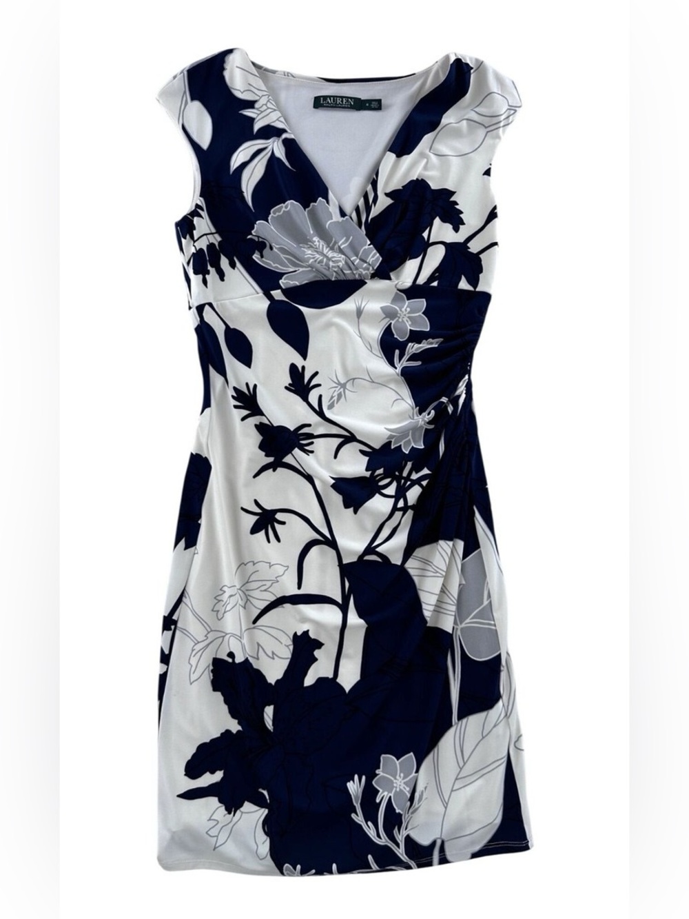 Ralph Lauren Navy White Floral Faux Wrap Sheath Dress Size 2P Petite